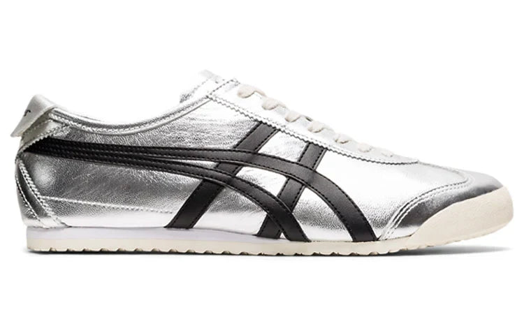Onitsuka Tiger Mexico 66 "Silver Black" Metallic Leather Sneakers- Women's Shoe Sale / Men's Shoe Sale