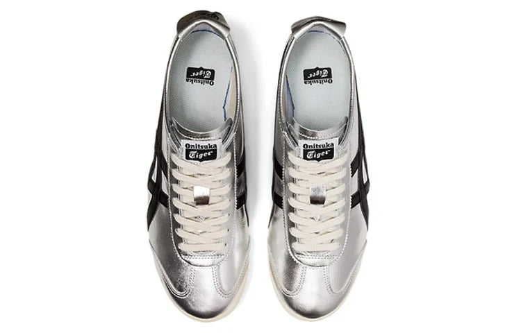 Onitsuka Tiger Mexico 66 "Silver Black" Metallic Leather Sneakers- Women's Shoe Sale / Men's Shoe Sale