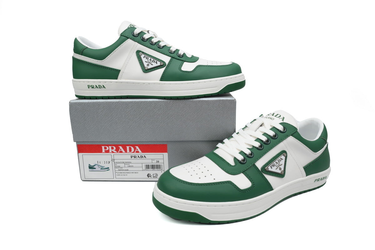 Prada Triangle Logo Leather Low Top Casual Sneakers "White Green"-Classic Casual Shoes/Women's Shoe Sale / Men's Shoe Sale
