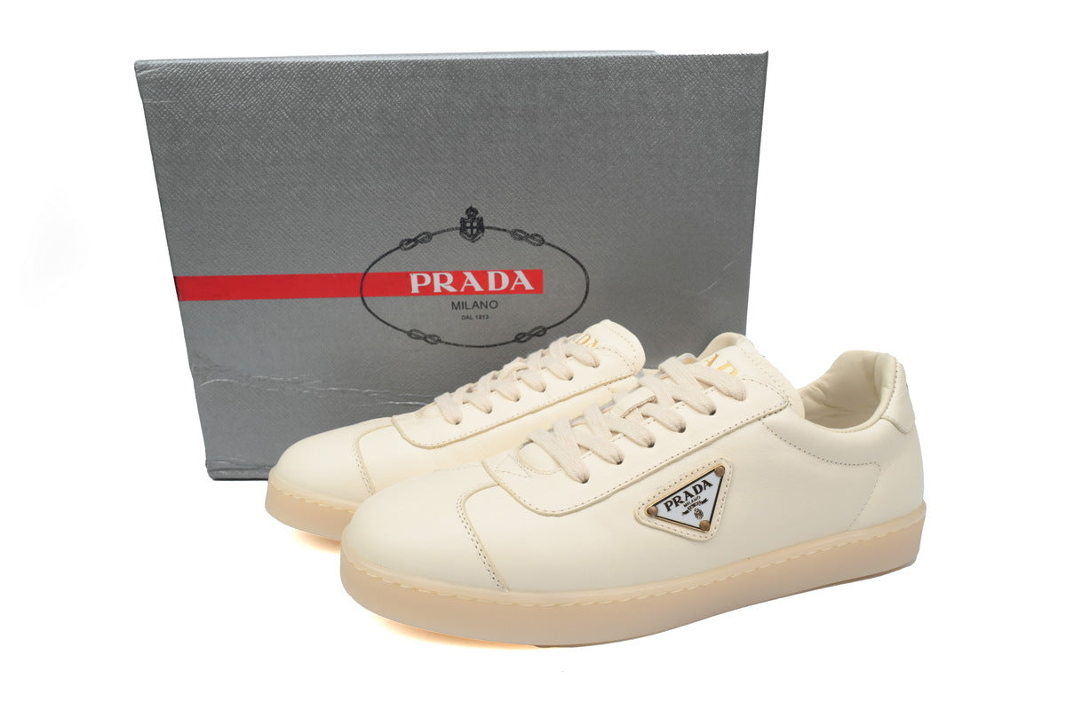 Prada Triangle Logo Leather Men's Casual Sneakers "White Cream"-Classic Casual Shoes/Women's Shoe Sale / Men's Shoe Sale