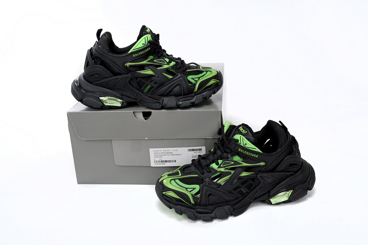Balenciaga Track 2 Open Sneakers "Black Fluorescent Green"-retro thick sole dad shoes，Women's Shoe Sale / Men's Shoe Sale