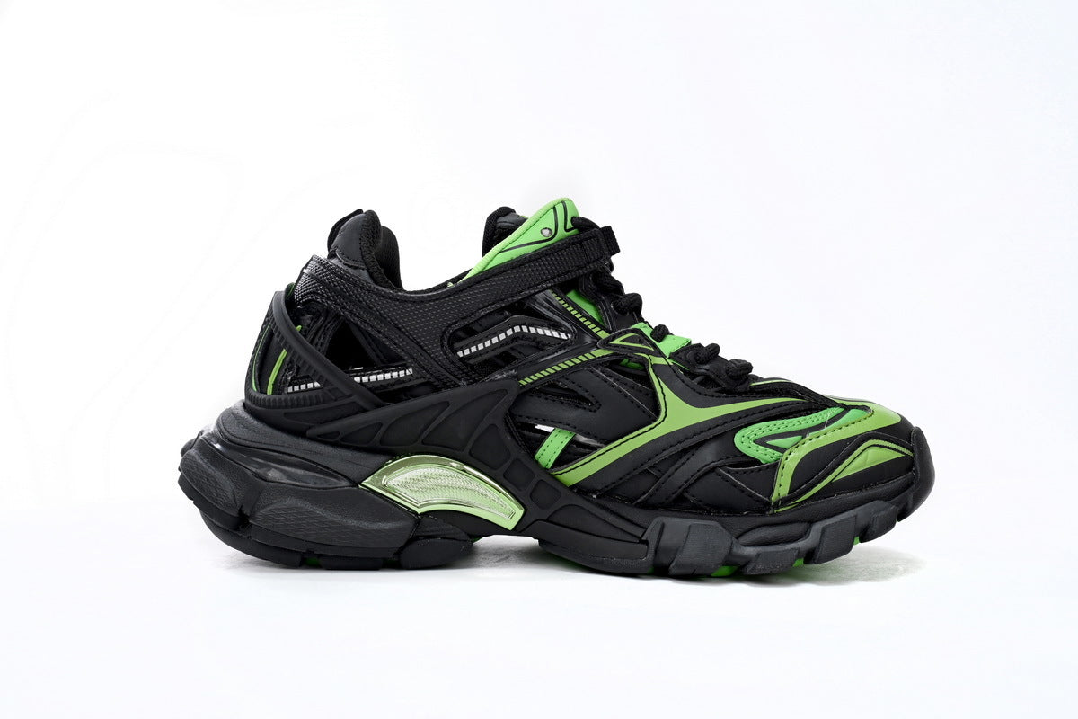 Balenciaga Track 2 Open Sneakers "Black Fluorescent Green"-retro thick sole dad shoes，Women's Shoe Sale / Men's Shoe Sale