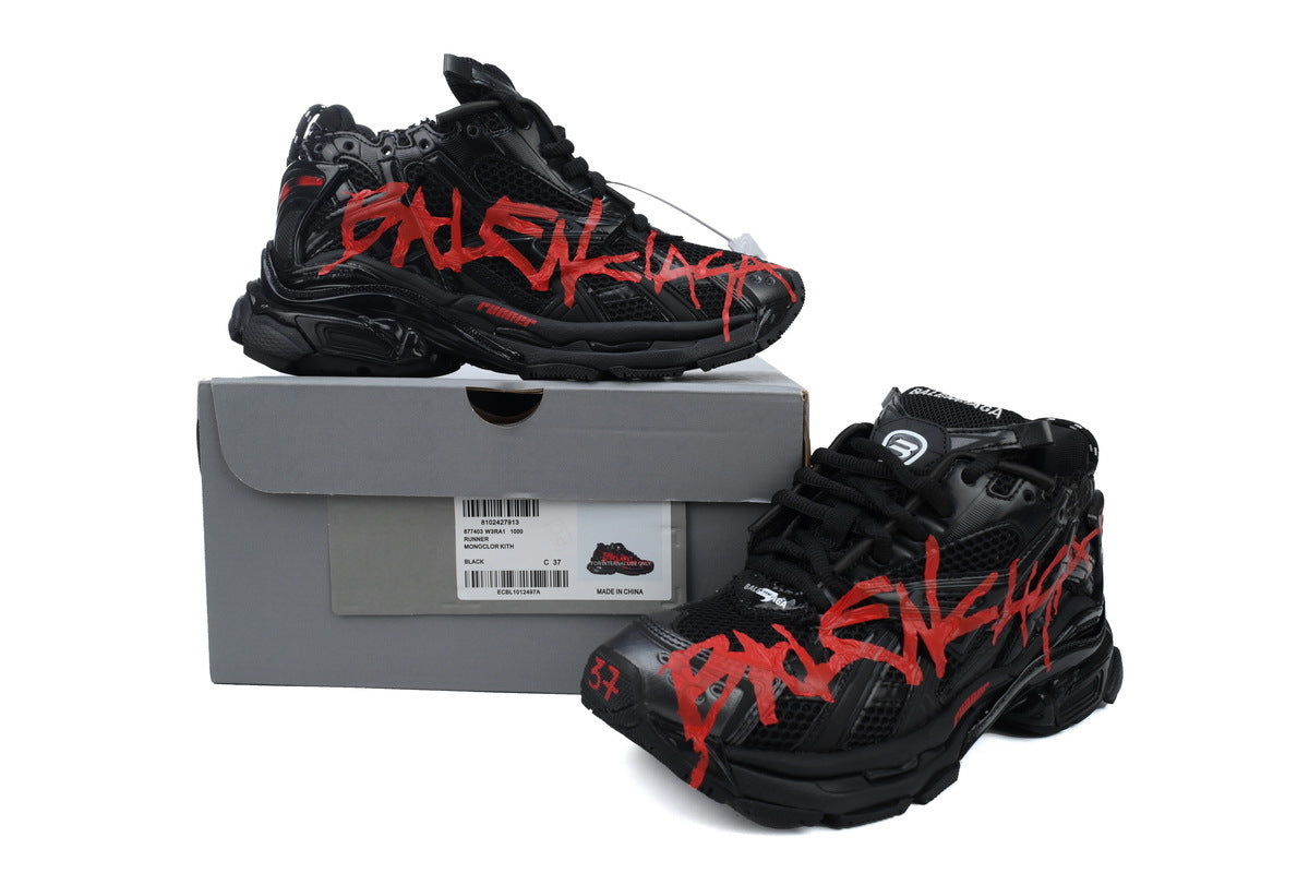 Balenciaga Runner Graffiti Sneakers "Black Red"-retro thick sole dad shoes，Women's Shoe Sale / Men's Shoe Sale