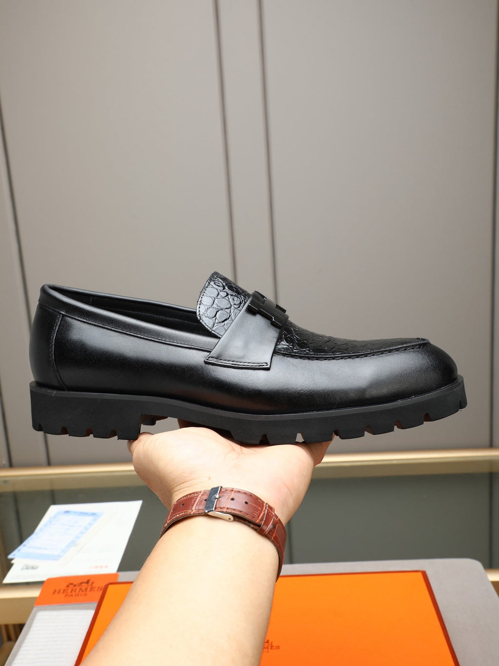 Hermès Trait Loafer "Black" Croc Embossed Leather Men Thick Sole Loafers
