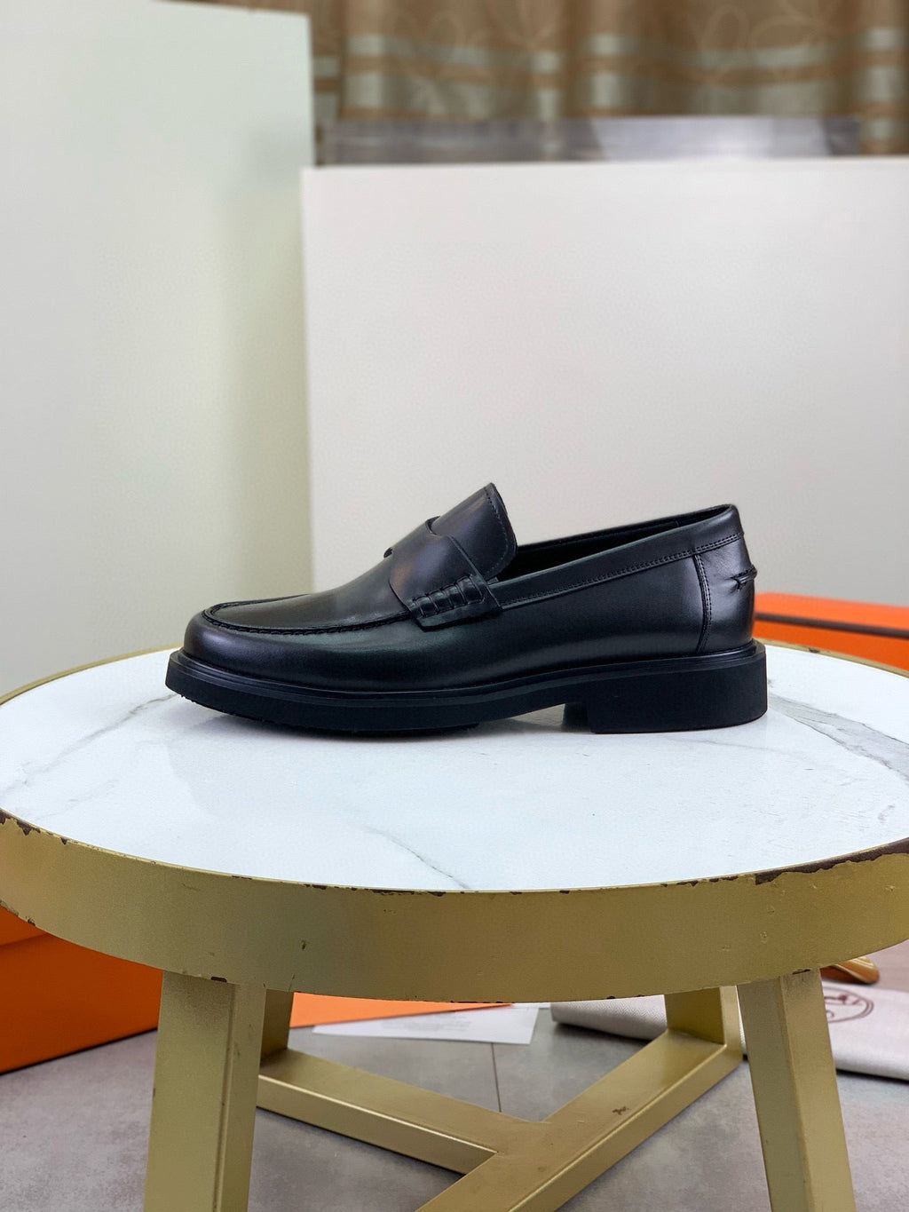 Hermes Group Series "Black" Smooth Leather Men Penny Loafers
