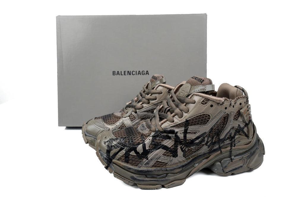 Balenciaga Runner Graffiti Sneakers Dark Taupe "Dark Taupe/Black" Distressed Mesh Chunky Trainer